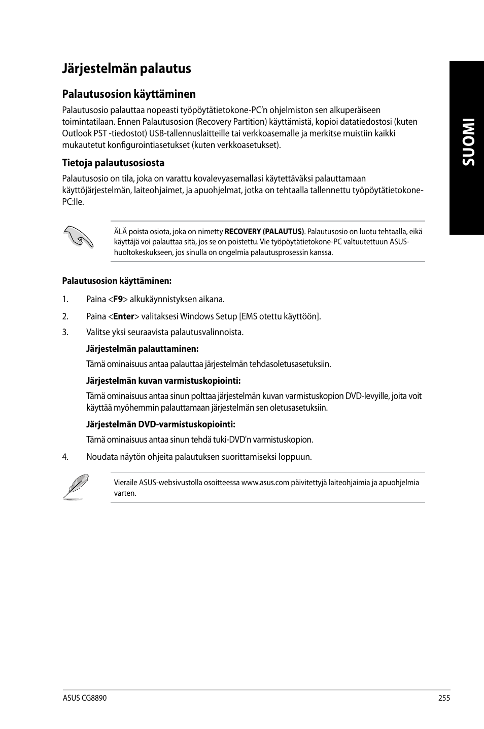 Järjestelmän palautus, Ärjestelmän palautus | Asus CG8890 User Manual | Page 257 / 442