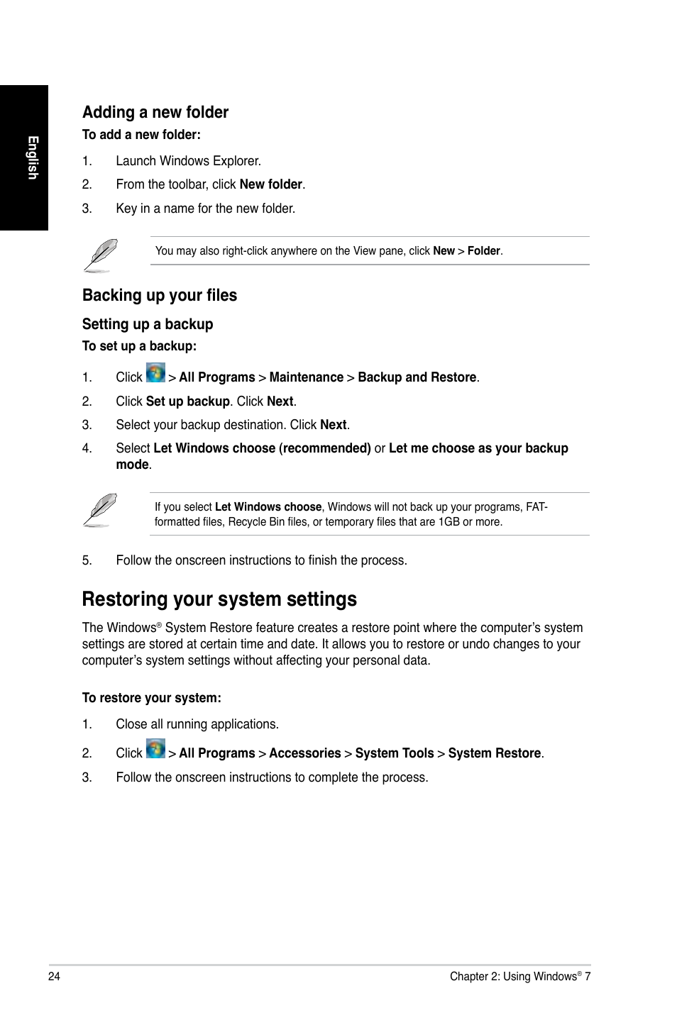 Restoring your system settings, Restoring.your.system.settings, Adding.a.new.folder | Backing up your files | Asus CG8890 User Manual | Page 26 / 442