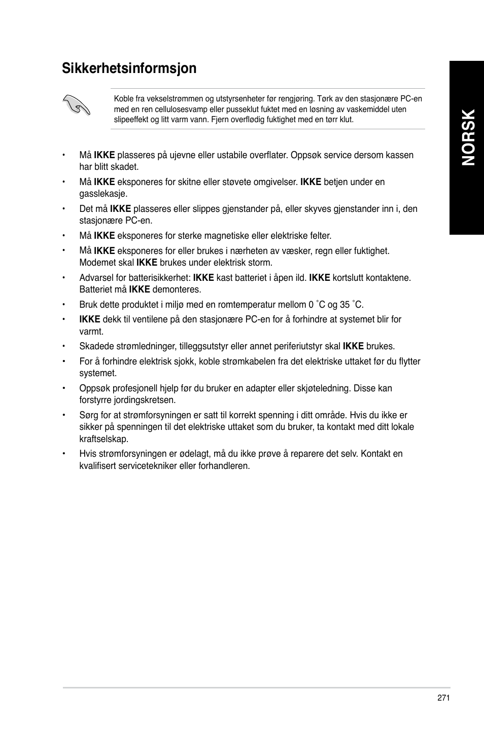 Sikkerhetsinformsjon, No rs k no rs k no rs k no rs k | Asus CG8890 User Manual | Page 273 / 442