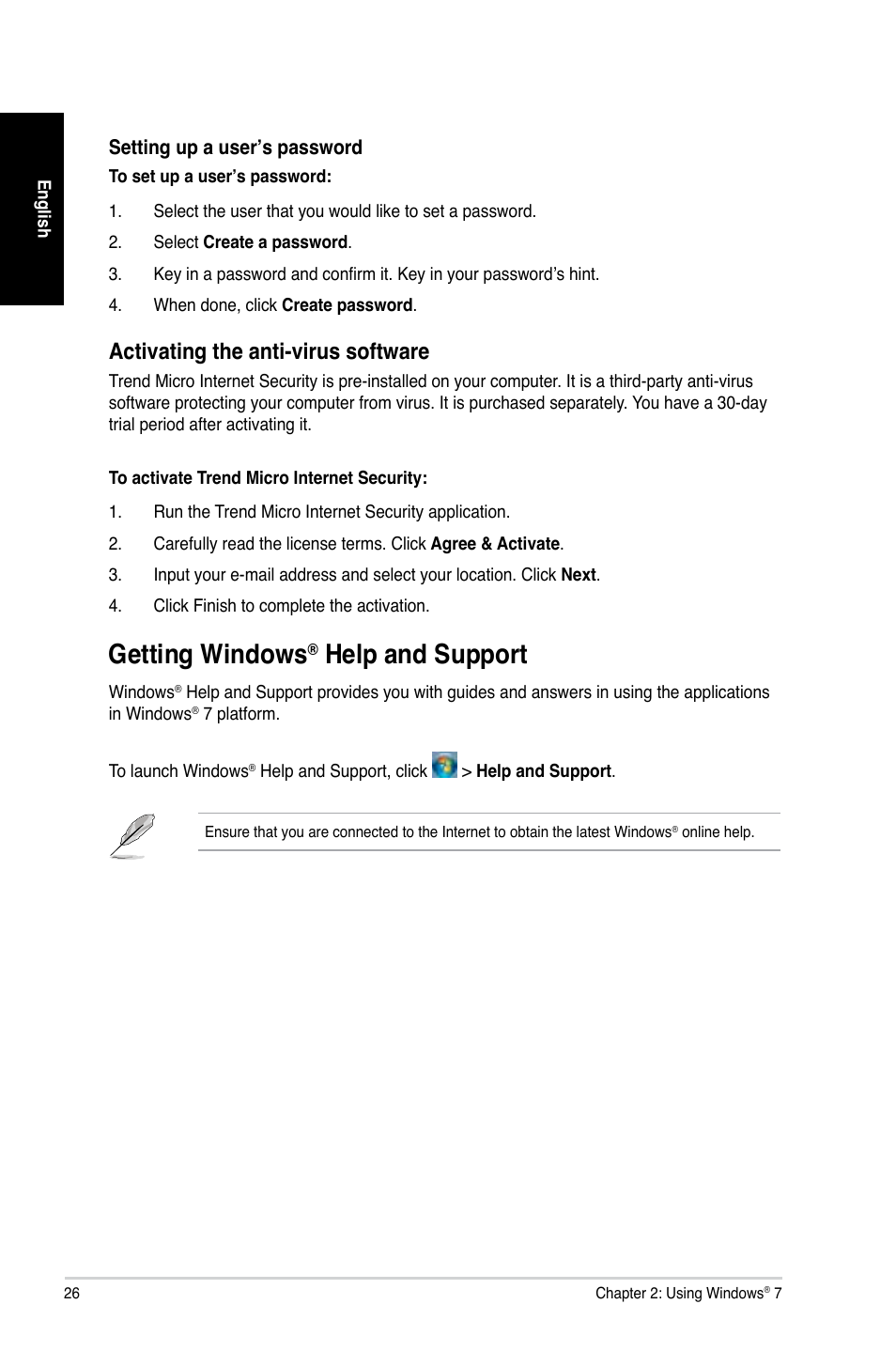 Getting windows® help and support, Getting windows, Getting.windows | Help.and.support, Activating.the.anti-virus.software | Asus CG8890 User Manual | Page 28 / 442