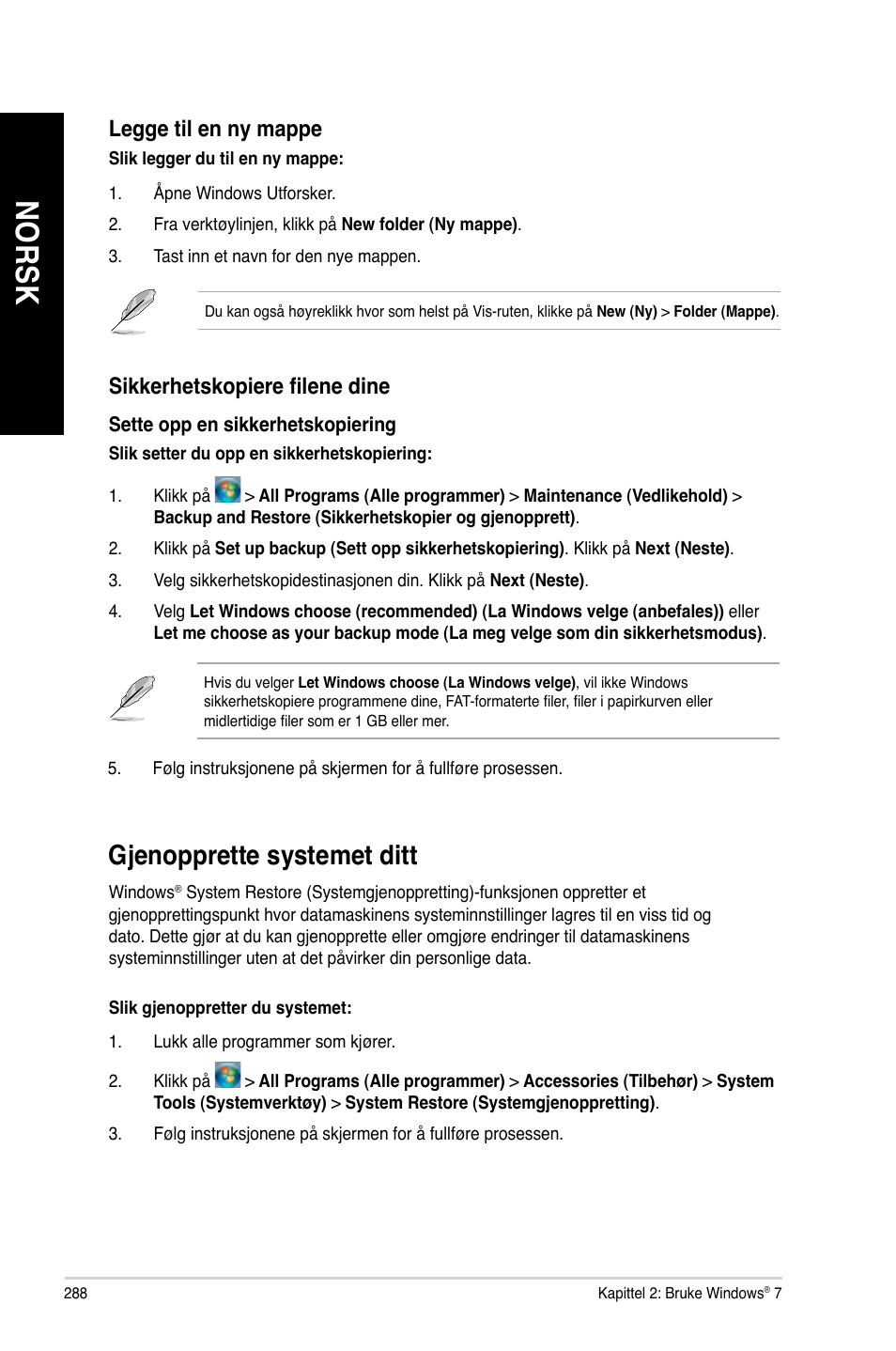 Gjenopprette systemet ditt, No rs k no rs k no rs k no rs k | Asus CG8890 User Manual | Page 290 / 442