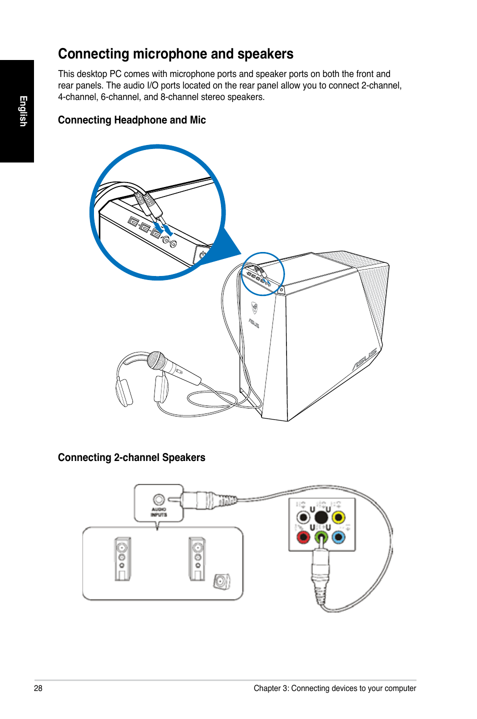 Connecting microphone and speakers, Connecting.microphone.and.speakers | Asus CG8890 User Manual | Page 30 / 442