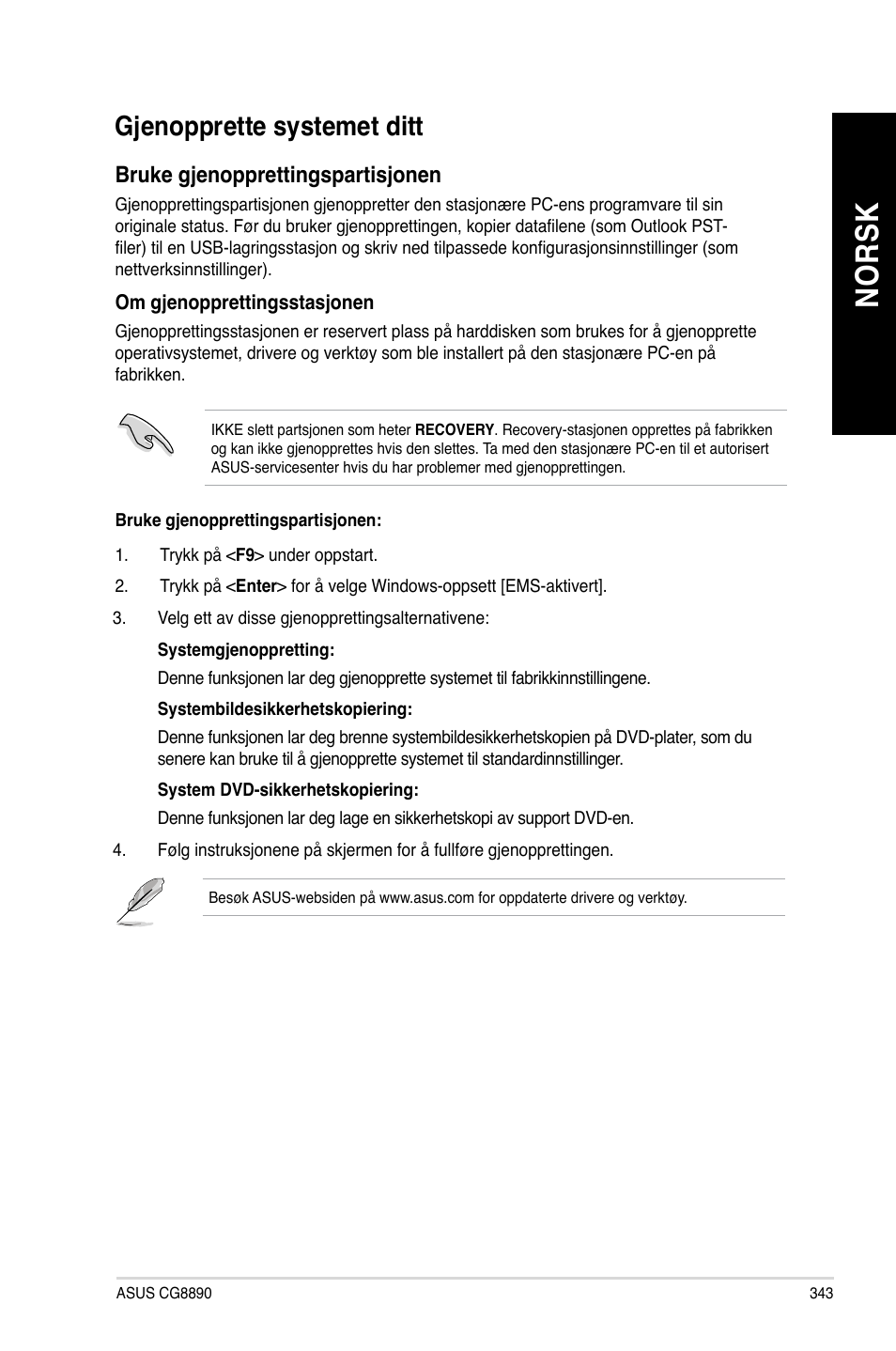 Gjenopprette systemet ditt, No rs k no rs k | Asus CG8890 User Manual | Page 345 / 442