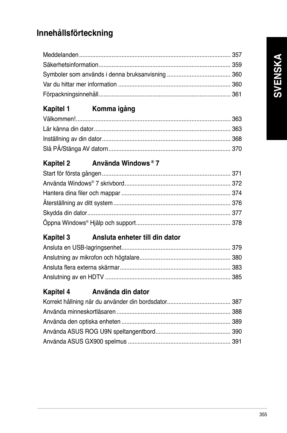 Svenska, Innehållsförteckning | Asus CG8890 User Manual | Page 357 / 442