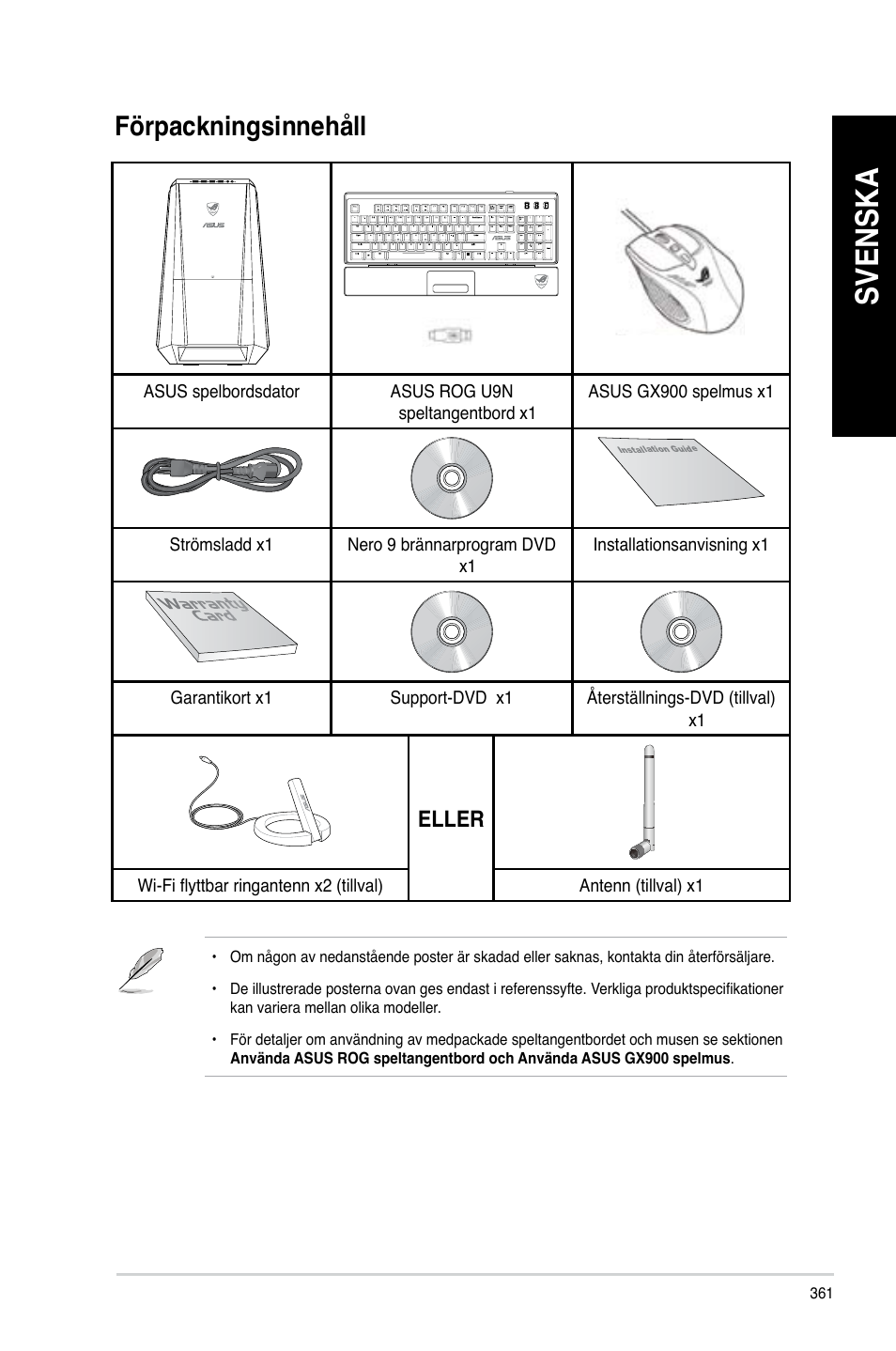 Förpackningsinnehåll, Svenska | Asus CG8890 User Manual | Page 363 / 442