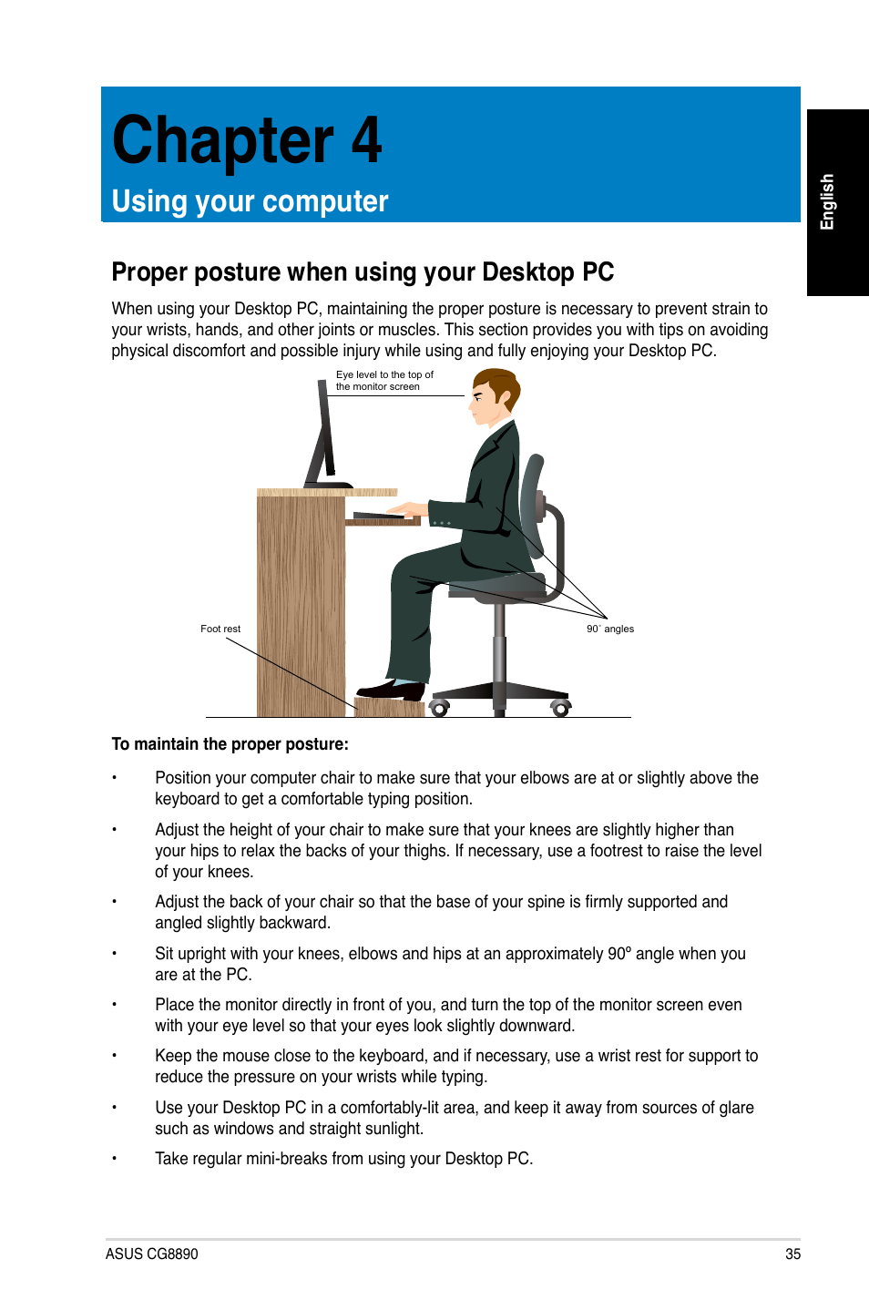 Chapter 4, Using your computer, Proper posture when using your desktop pc | Chapter.4, Using.your.computer | Asus CG8890 User Manual | Page 37 / 442