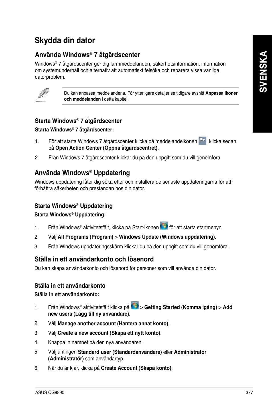 Skydda din dator, Svenska, Använda windows | 7 åtgärdscenter, Uppdatering, Ställa in ett användarkonto och lösenord | Asus CG8890 User Manual | Page 379 / 442