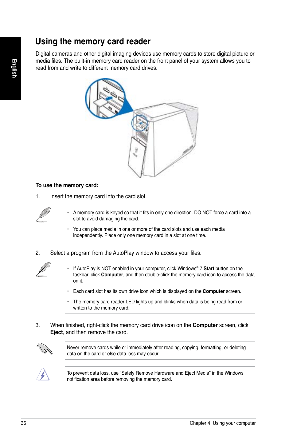 Using the memory card reader | Asus CG8890 User Manual | Page 38 / 442