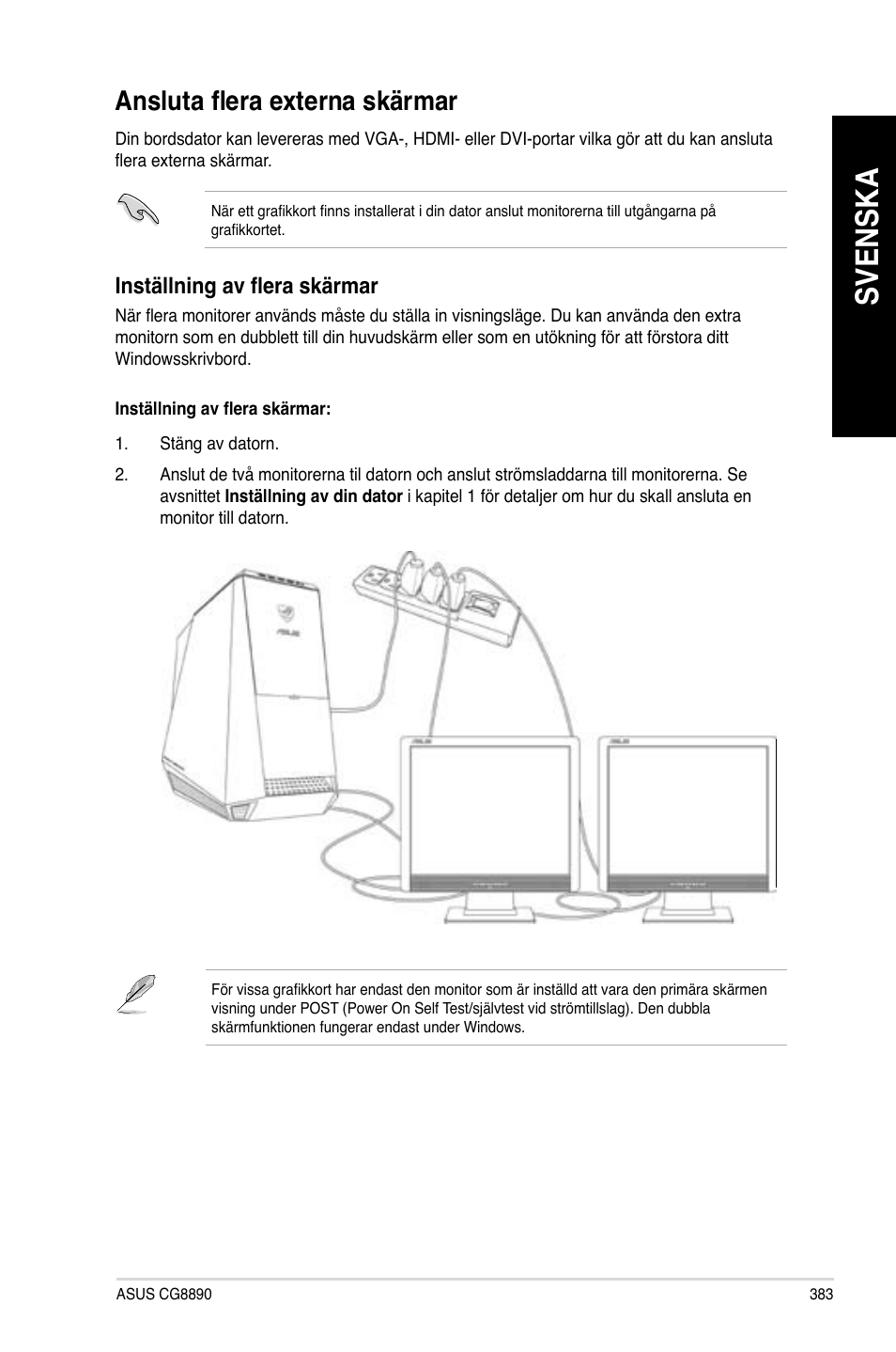 Ansluta flera externa skärmar, Svenska, Nsluta flera externa skärmar | Asus CG8890 User Manual | Page 385 / 442