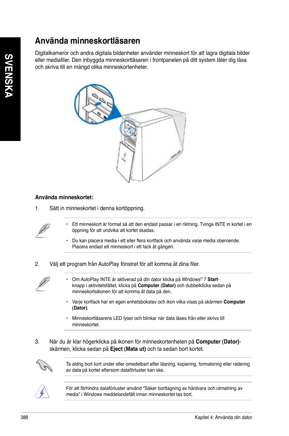 Använda minneskortläsaren, Svenska | Asus CG8890 User Manual | Page 390 / 442