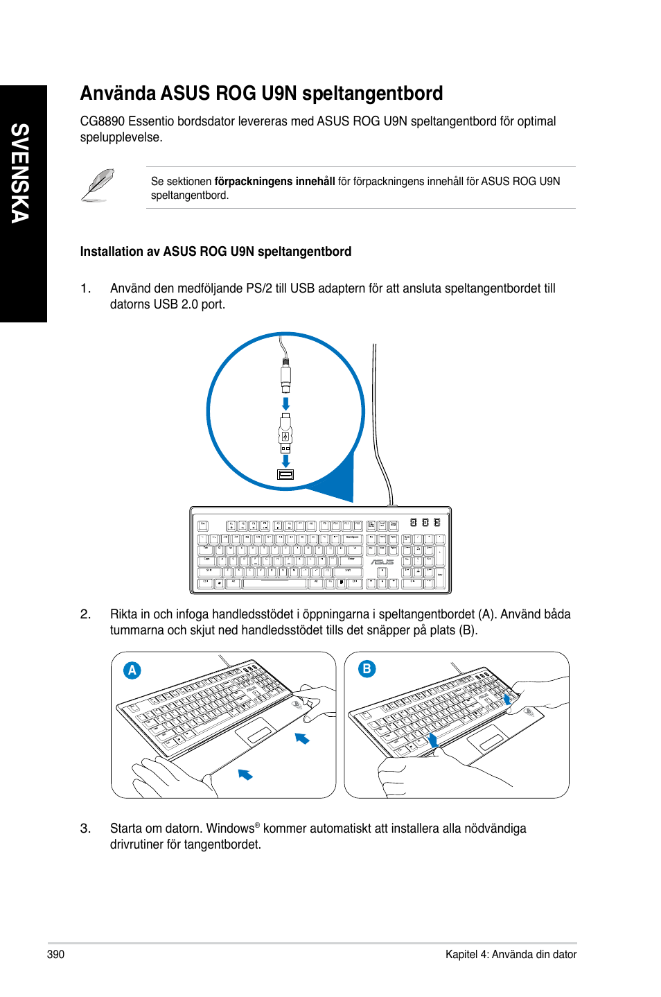 Använda asus rog u9n speltangentbord, Svenska | Asus CG8890 User Manual | Page 392 / 442