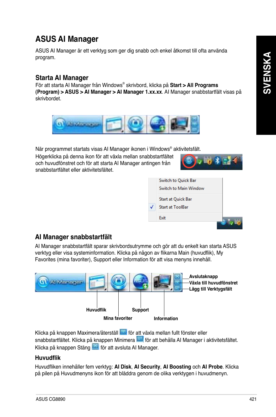 Asus ai manager, Svenska, Starta ai manager | Ai manager snabbstartfält | Asus CG8890 User Manual | Page 423 / 442