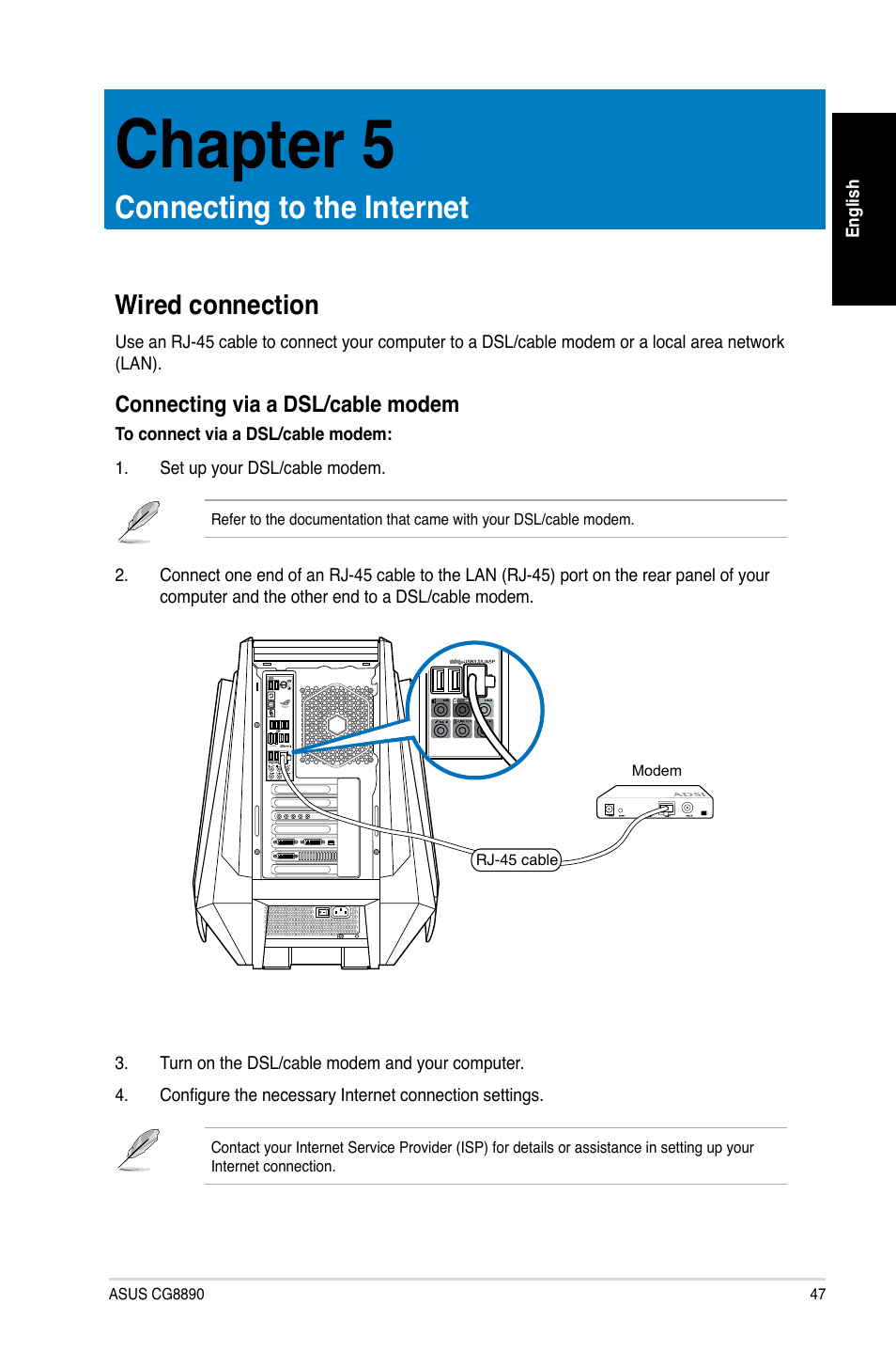 Chapter 5, Connecting to the internet, Wired connection | Chapter.5, Connecting.to.the.internet, Wired.connection | Asus CG8890 User Manual | Page 49 / 442