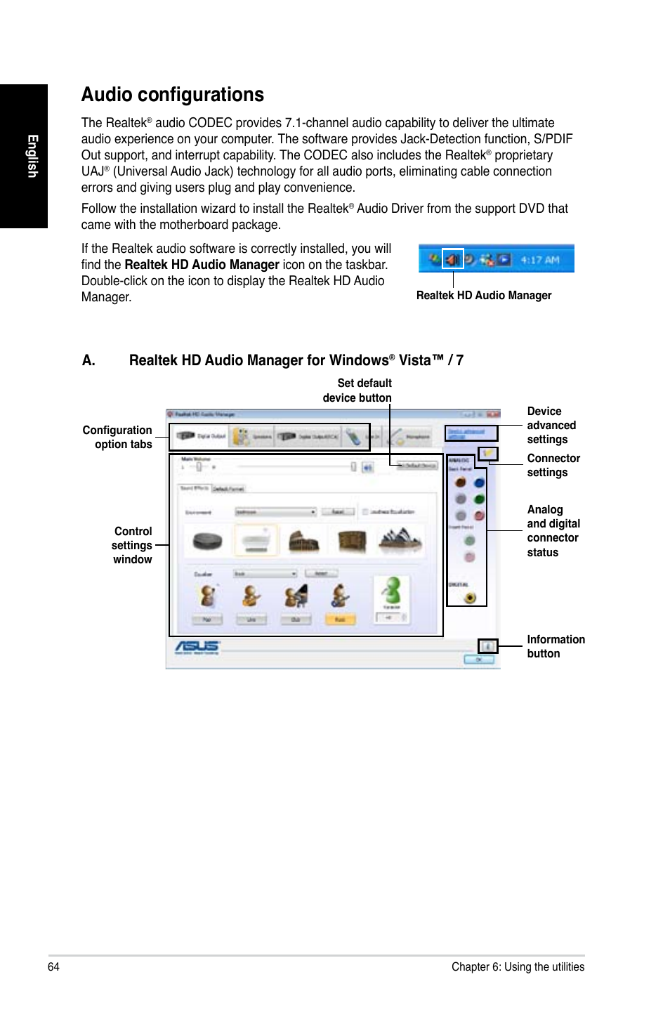 Audio configurations, A.. realtek.hd.audio.manager.for.windows, Vista™./.7 | Asus CG8890 User Manual | Page 66 / 442