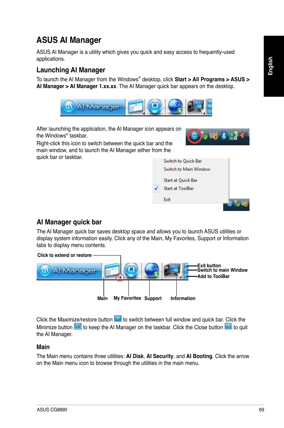 Asus ai manager, Asus.ai.manager, Launching.ai.manager | Ai.manager.quick.bar | Asus CG8890 User Manual | Page 71 / 442