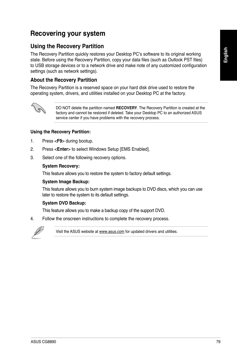 Recovering your system, Recovering.your.system, Using.the.recovery.partition | Asus CG8890 User Manual | Page 81 / 442