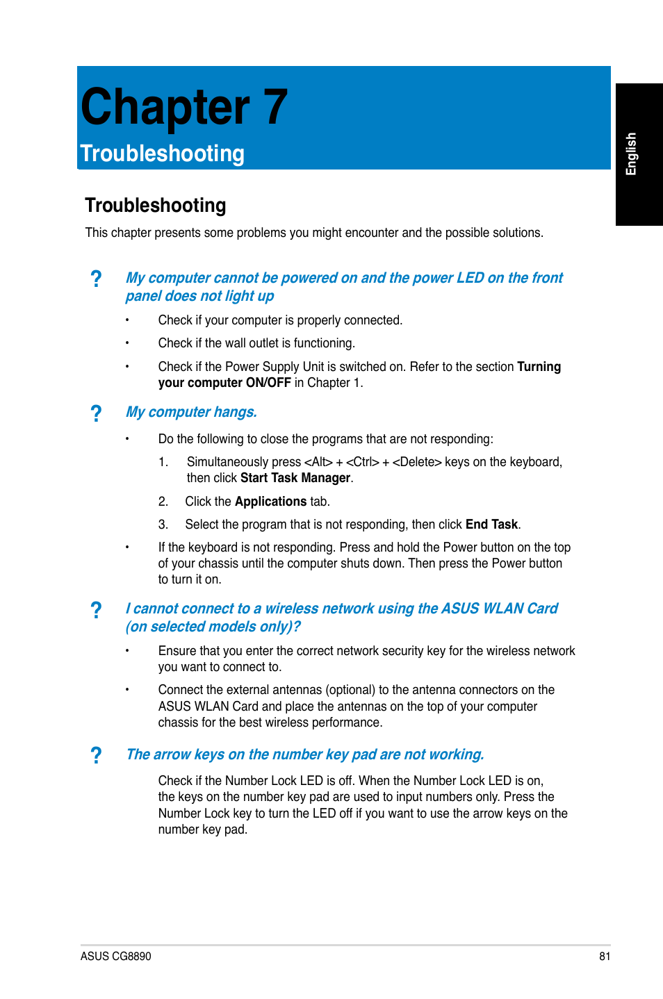 Chapter 7, Troubleshooting, Chapter.7 | Asus CG8890 User Manual | Page 83 / 442