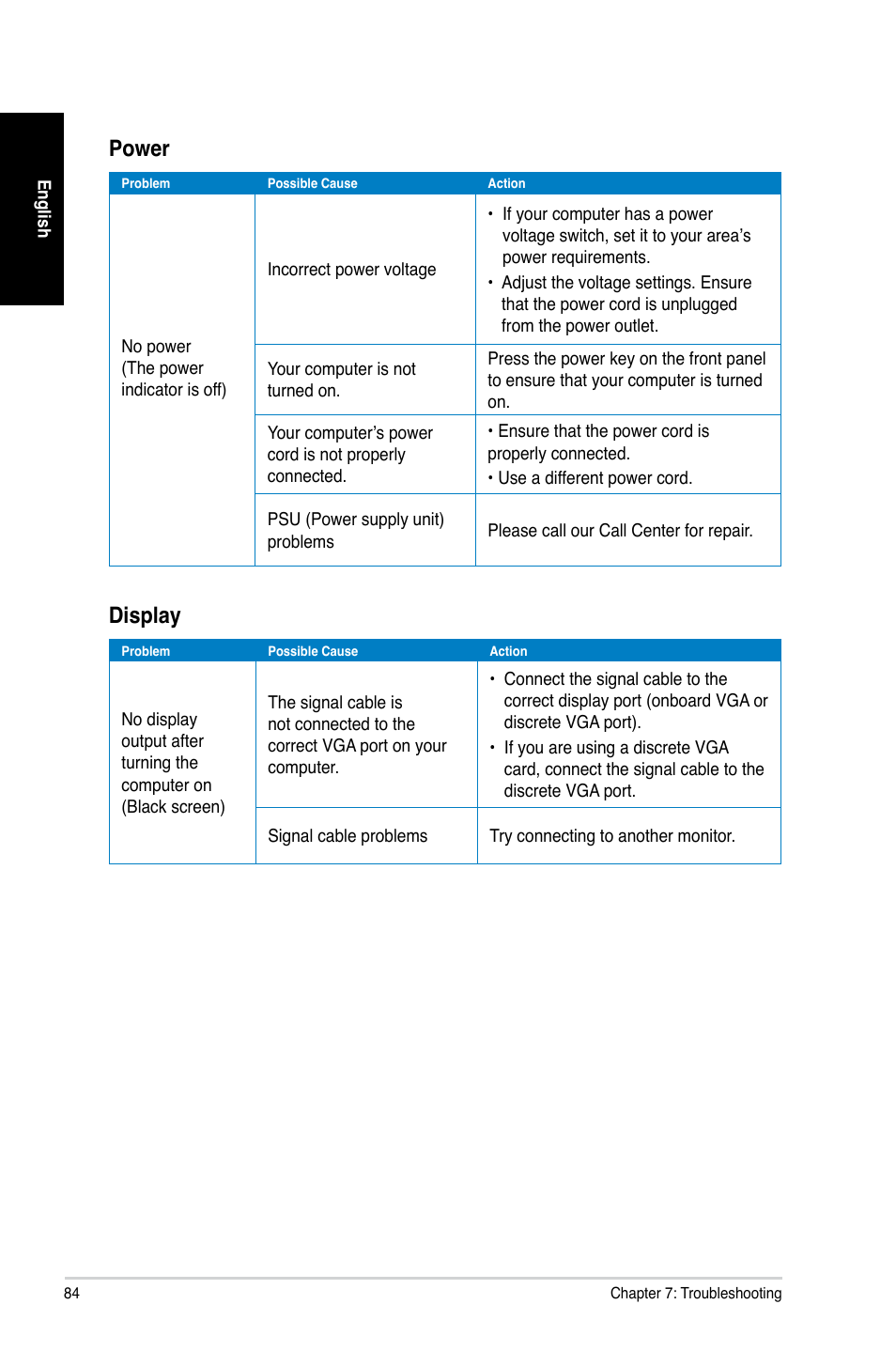 Power, Display | Asus CG8890 User Manual | Page 86 / 442