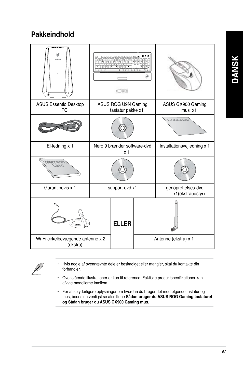 Pakkeindhold, Da ns k da ns k da ns k da ns k | Asus CG8890 User Manual | Page 99 / 442