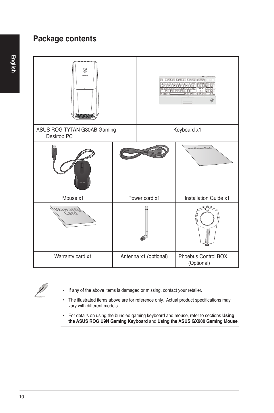 Package contents | Asus G30AB User Manual | Page 10 / 84