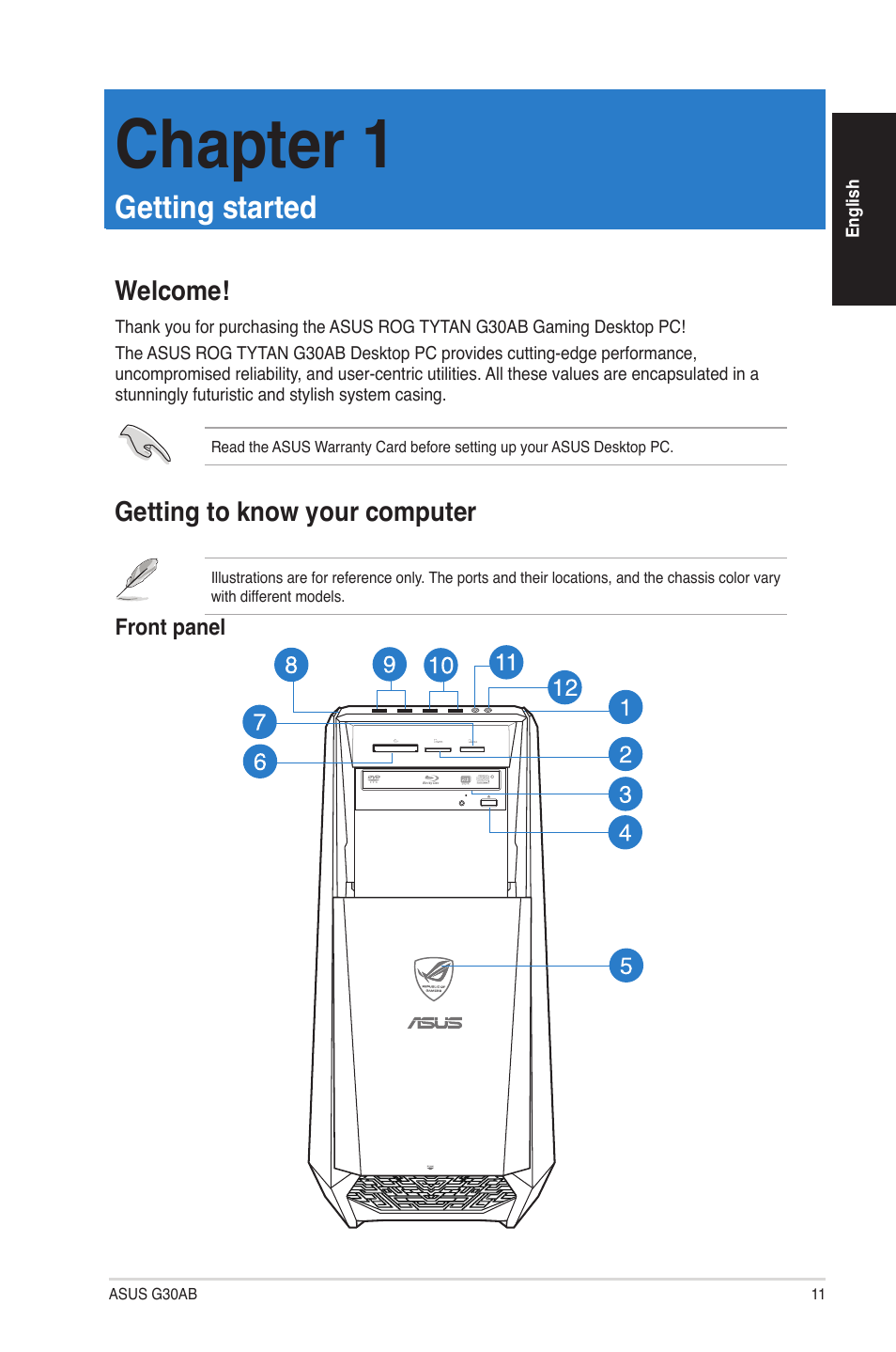 Chapter 1, Getting started, Welcome | Getting to know your computer | Asus G30AB User Manual | Page 11 / 84