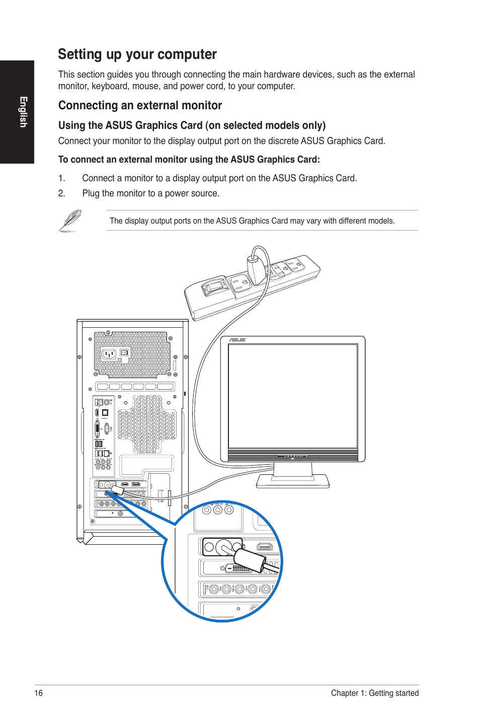 Setting up your computer, Connecting an external monitor, English | Asus G30AB User Manual | Page 16 / 84