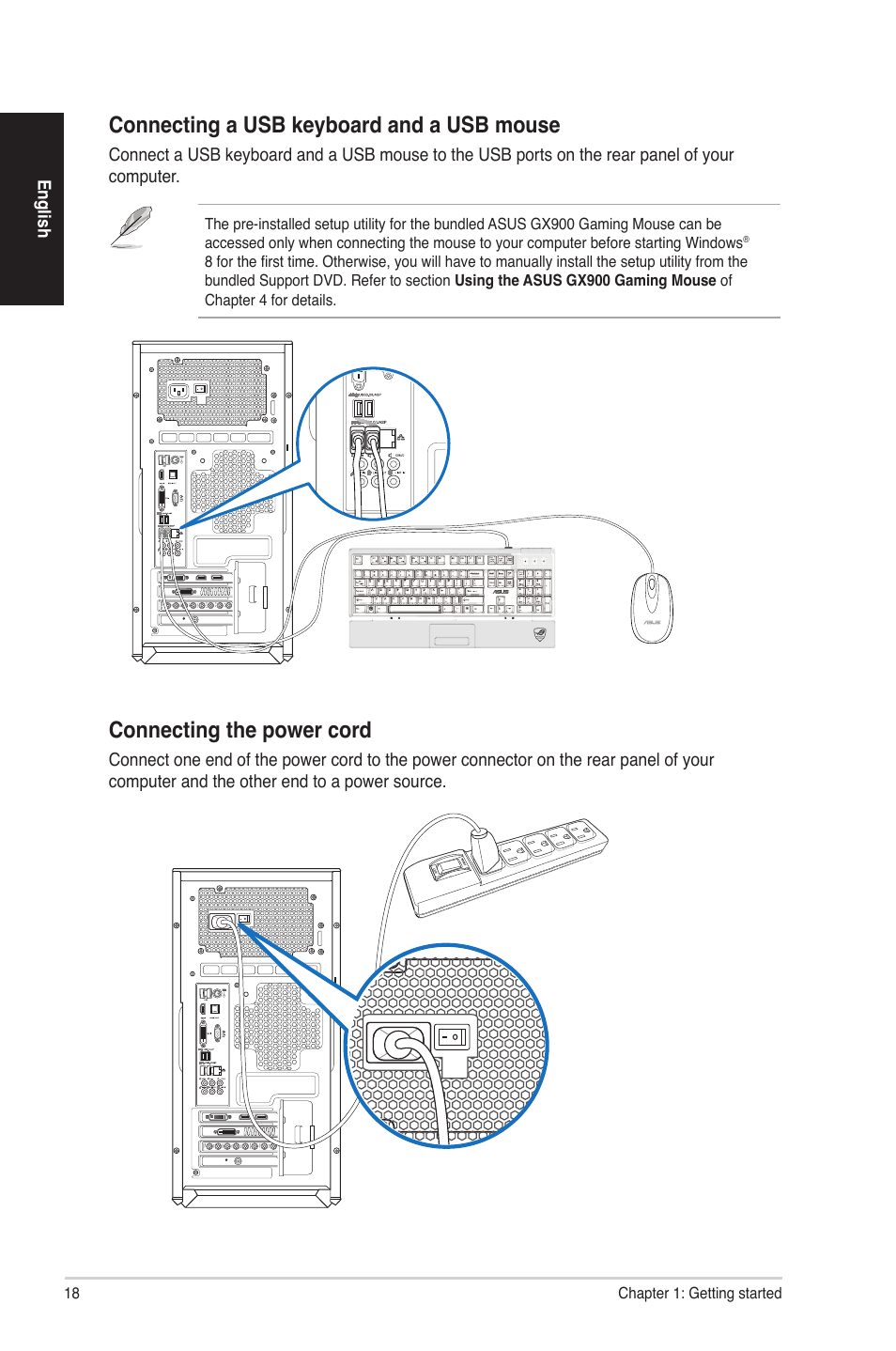 Connecting a usb keyboard and a usb mouse, Connecting the power cord | Asus G30AB User Manual | Page 18 / 84