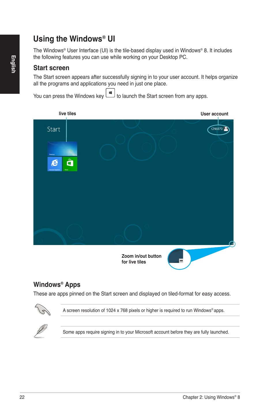 Using the windows, Start screen, Windows | Apps | Asus G30AB User Manual | Page 22 / 84