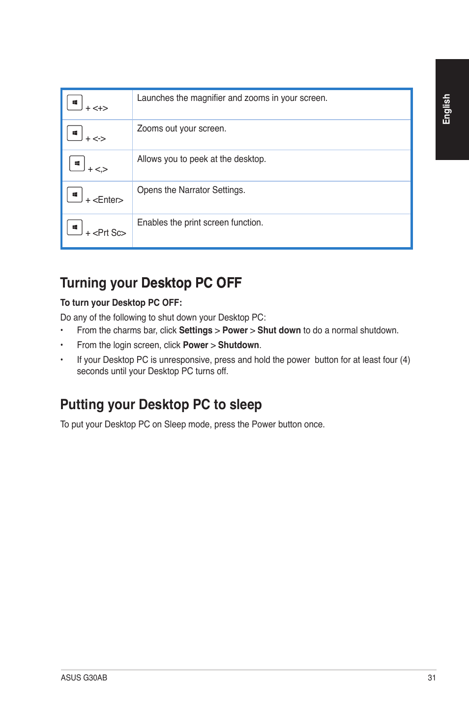 Turning your desktop pc off desktop pc off off, Putting your desktop pc to sleep | Asus G30AB User Manual | Page 31 / 84