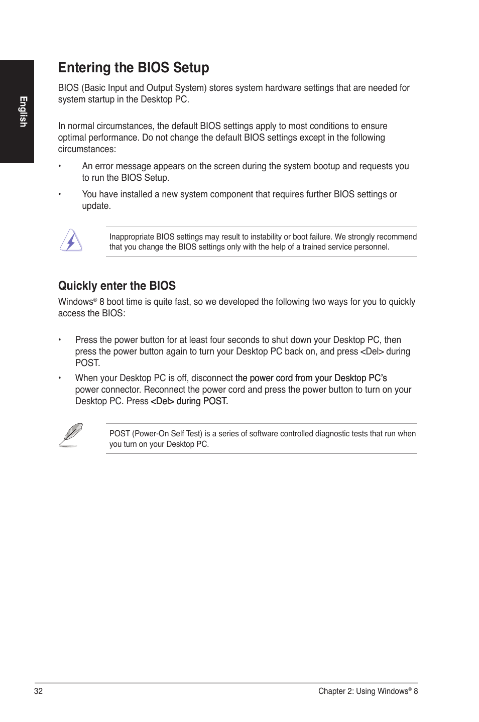 Entering the bios setup, Quickly enter the bios | Asus G30AB User Manual | Page 32 / 84