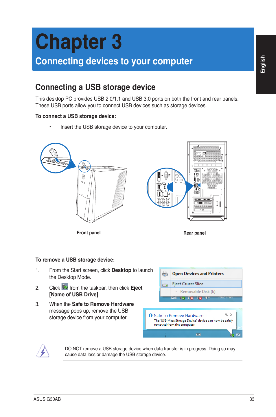 Chapter 3, Connecting devices to your computer, Connecting a usb storage device | Asus G30AB User Manual | Page 33 / 84