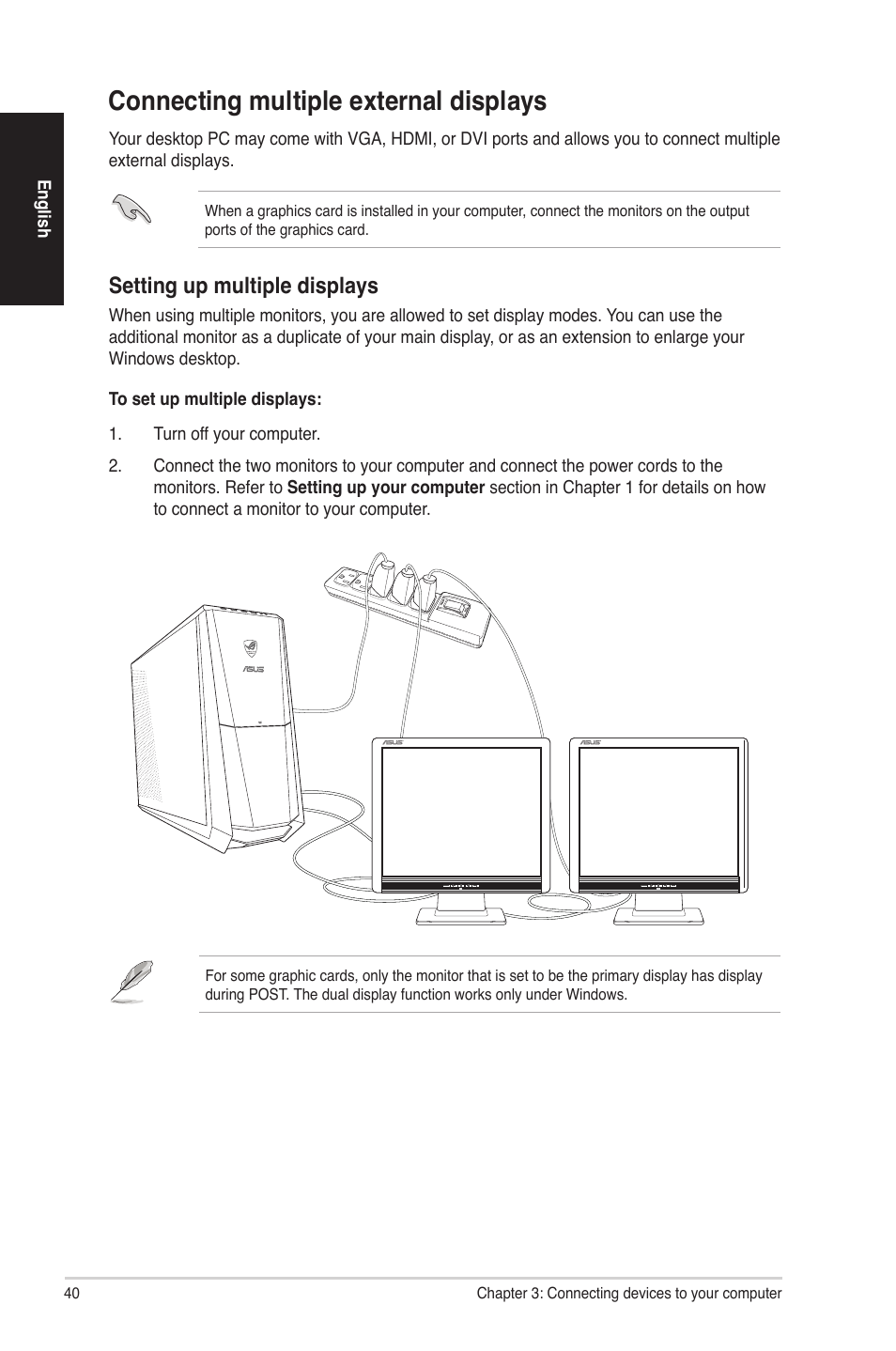 Connecting multiple external displays, Setting up multiple displays | Asus G30AB User Manual | Page 40 / 84