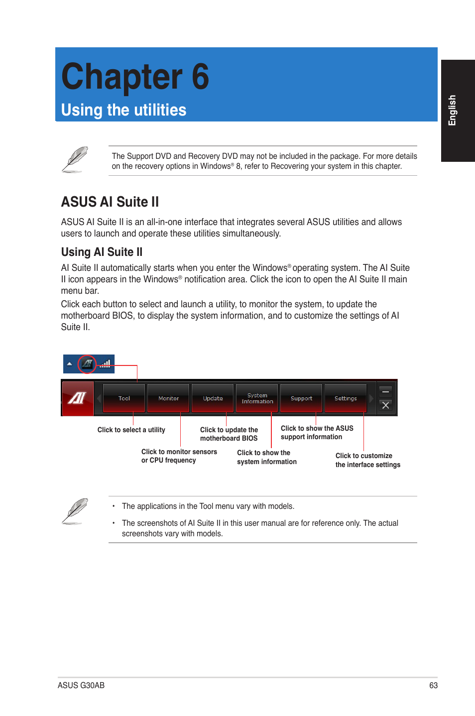 Chapter 6, Using the utilities, Asus ai suite ii | Using ai suite ii | Asus G30AB User Manual | Page 63 / 84