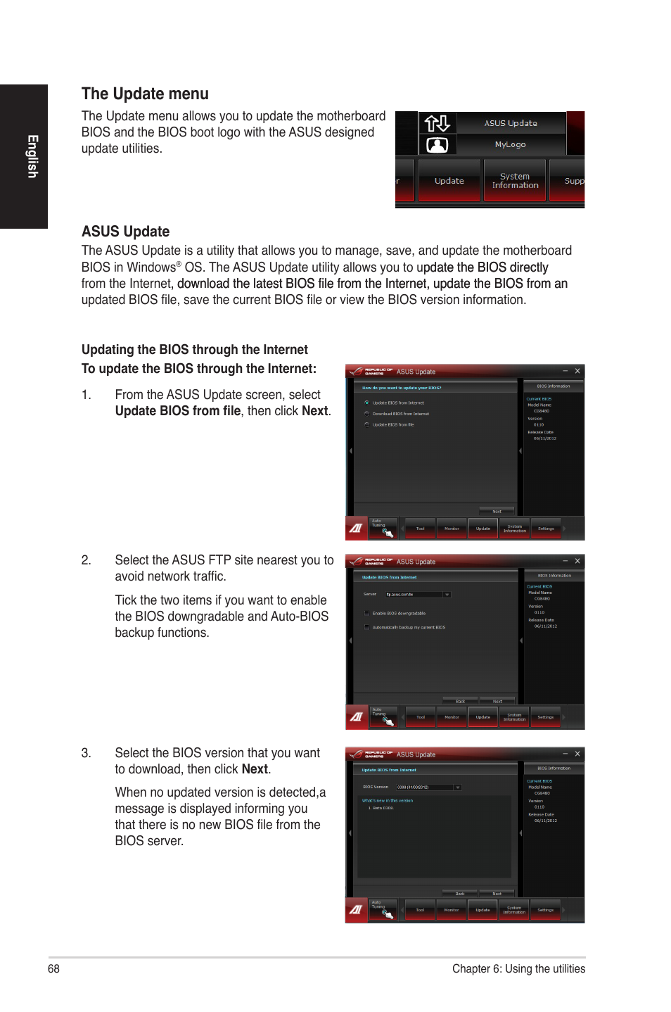 The update menu | Asus G30AB User Manual | Page 68 / 84