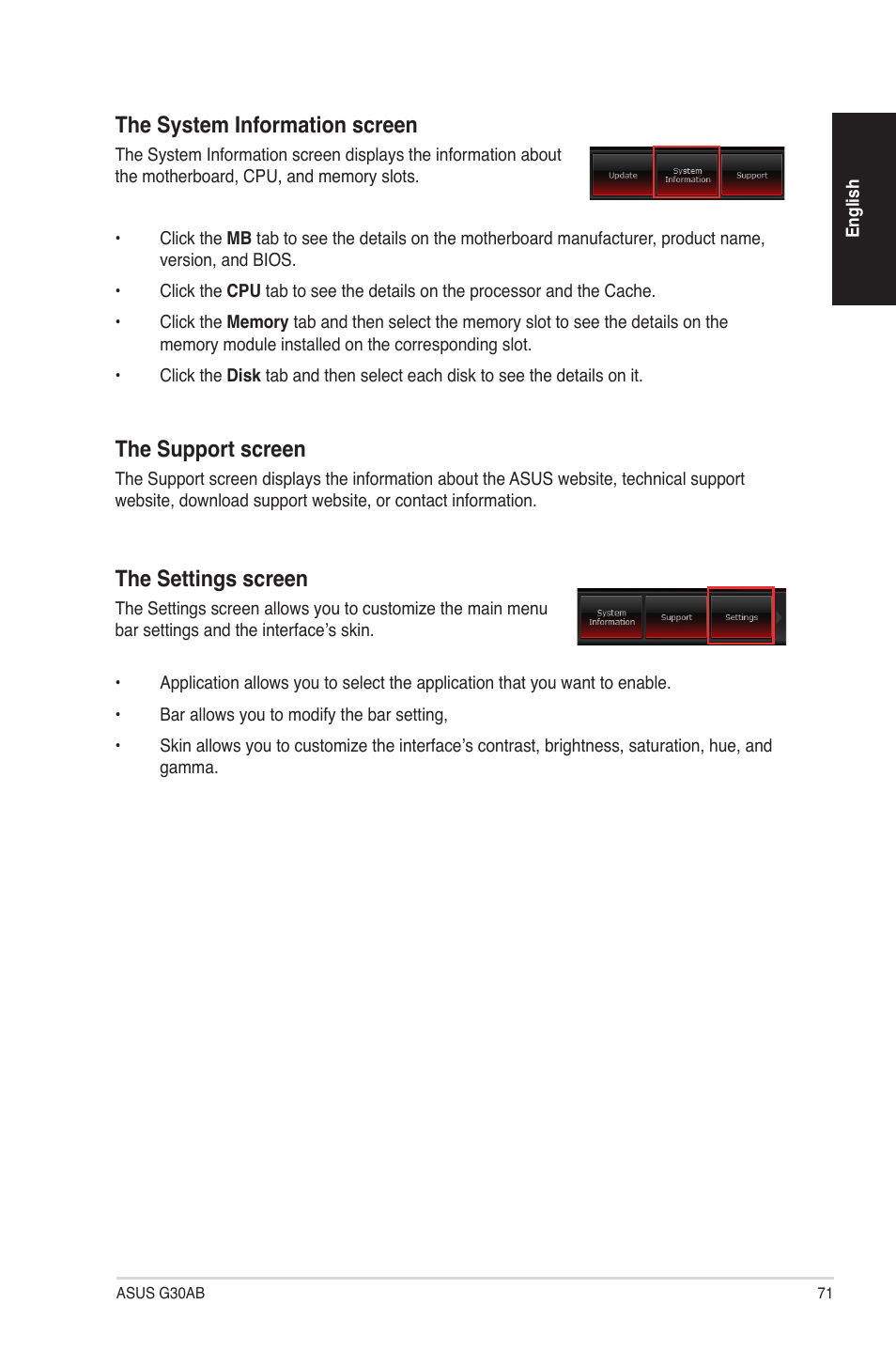 The system information screen, The settings screen, The support screen | Asus G30AB User Manual | Page 71 / 84