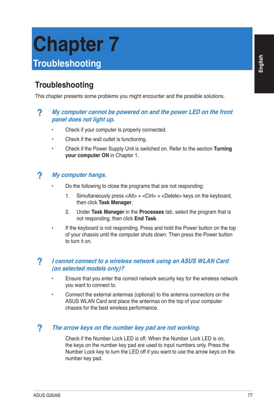 Chapter 7, Troubleshooting | Asus G30AB User Manual | Page 77 / 84