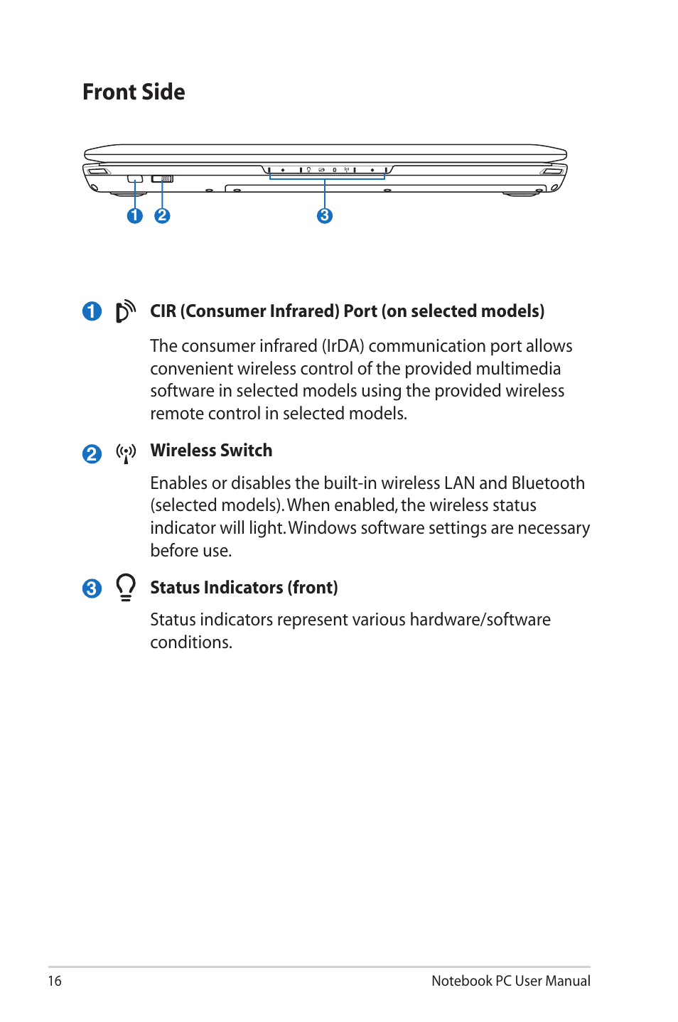 Front side | Asus G60VX User Manual | Page 16 / 30