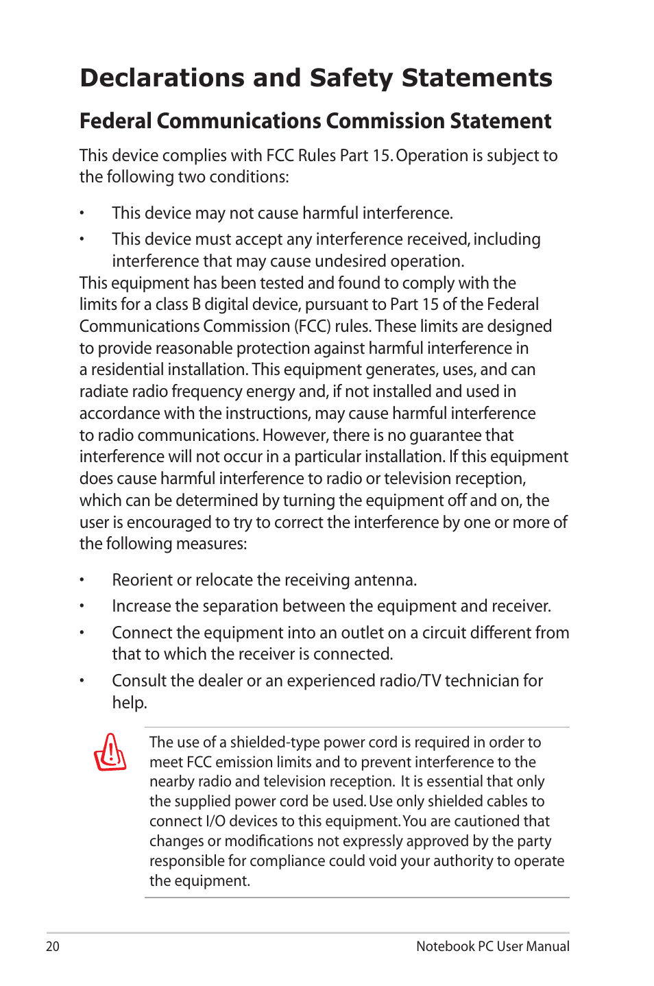 Declarations and safety statements, Federal communications commission statement | Asus G60VX User Manual | Page 20 / 30