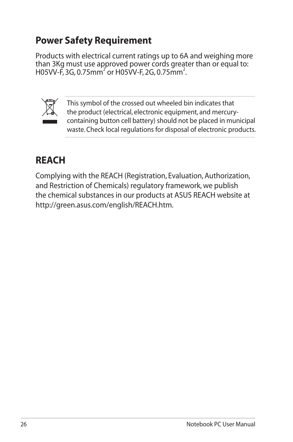 Power safety requirement, Reach, Power safety requirement reach | Asus G60VX User Manual | Page 26 / 30