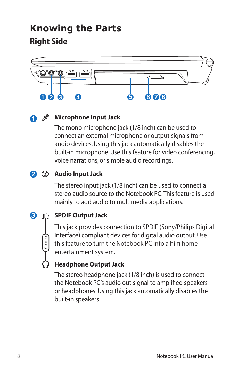 Knowing the parts, Right side | Asus G60VX User Manual | Page 8 / 30