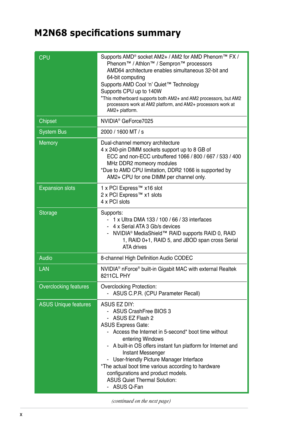 M2n68 specifications summary | Asus M2N68 User Manual | Page 10 / 104