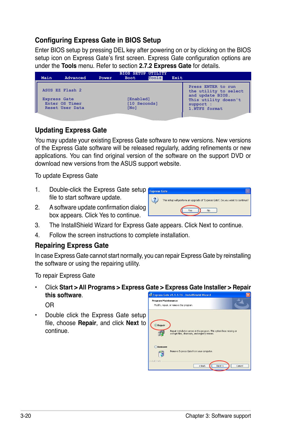 Configuring express gate in bios setup, Updating express gate, Repairing express gate | Asus M2N68 User Manual | Page 104 / 104