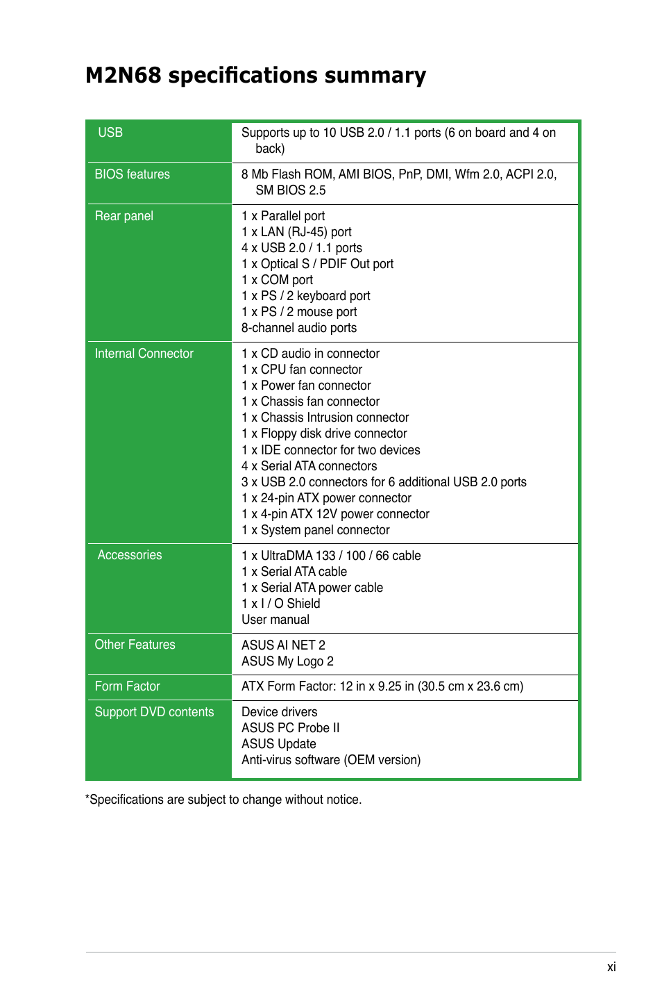 M2n68 specifications summary | Asus M2N68 User Manual | Page 11 / 104