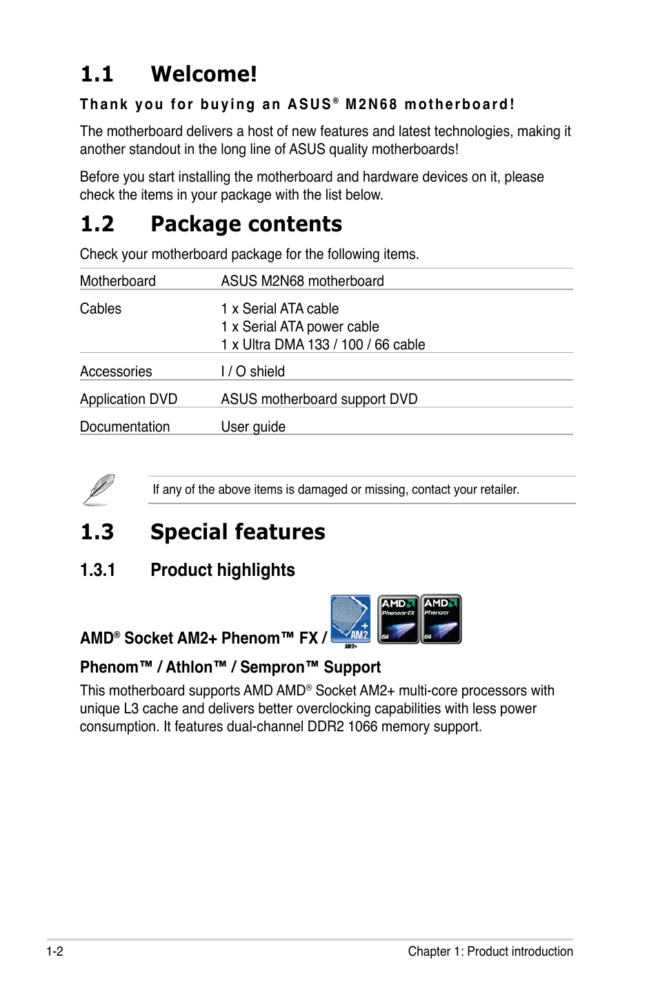 1 welcome, 2 package contents, 3 special features | 1 product highlights | Asus M2N68 User Manual | Page 14 / 104