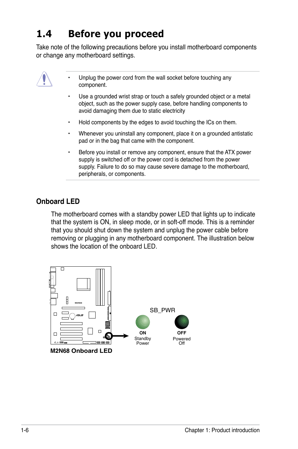 4 before you proceed, Onboard led | Asus M2N68 User Manual | Page 18 / 104