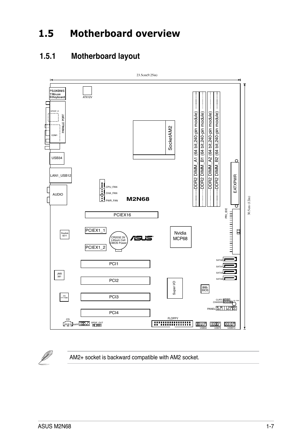 5 motherboard overview, 1 motherboard layout, Am2+ socket is backward compatible with am2 socket | M2n68, Socketam2, Nvidia mcp68 | Asus M2N68 User Manual | Page 19 / 104