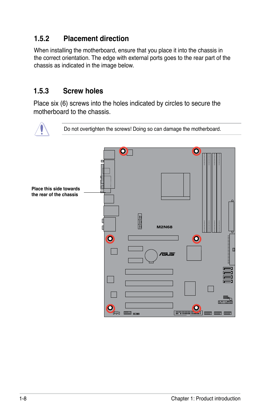 2 placement direction, 3 screw holes | Asus M2N68 User Manual | Page 20 / 104