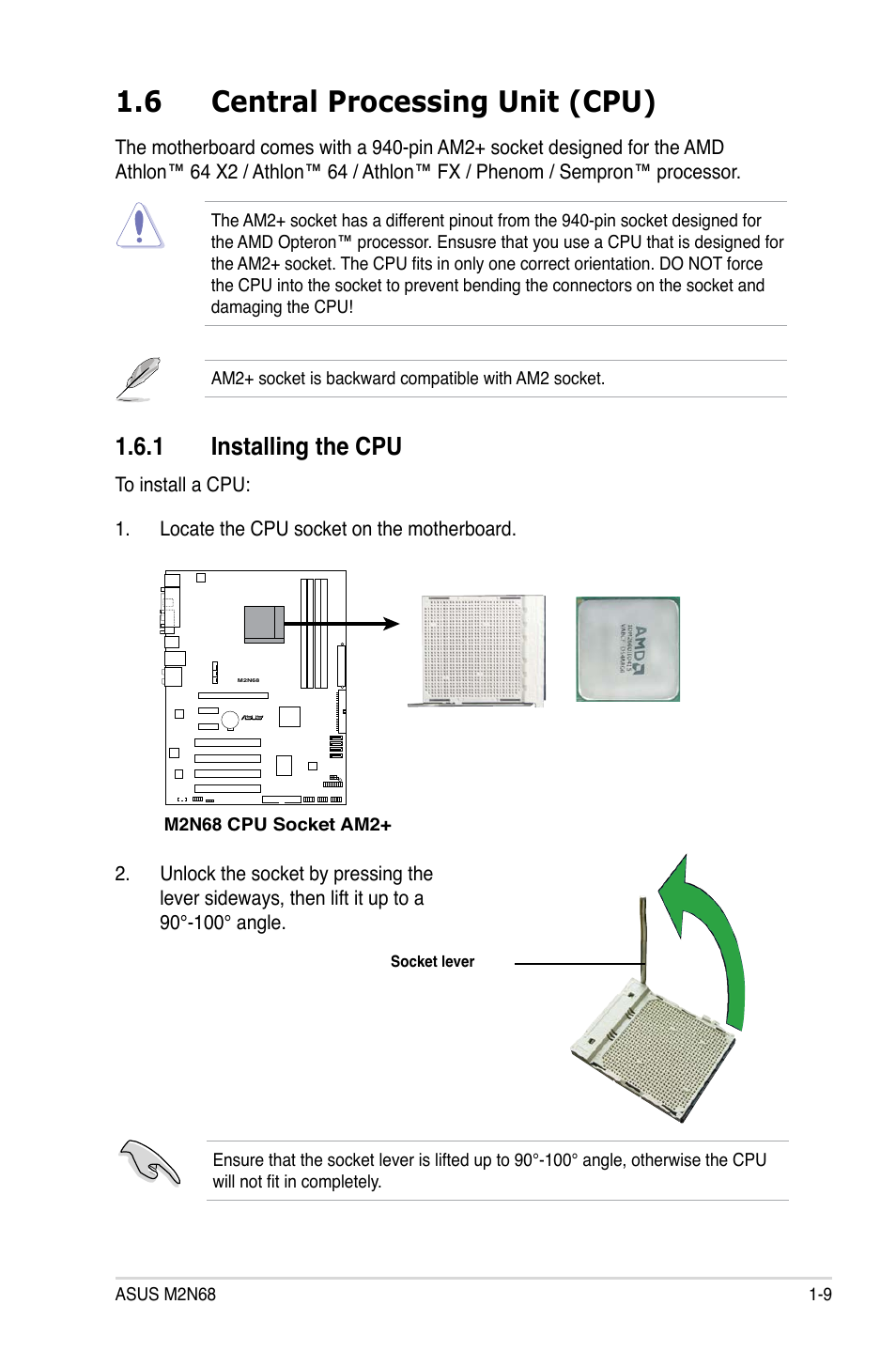 6 central processing unit (cpu), 1 installing the cpu | Asus M2N68 User Manual | Page 21 / 104