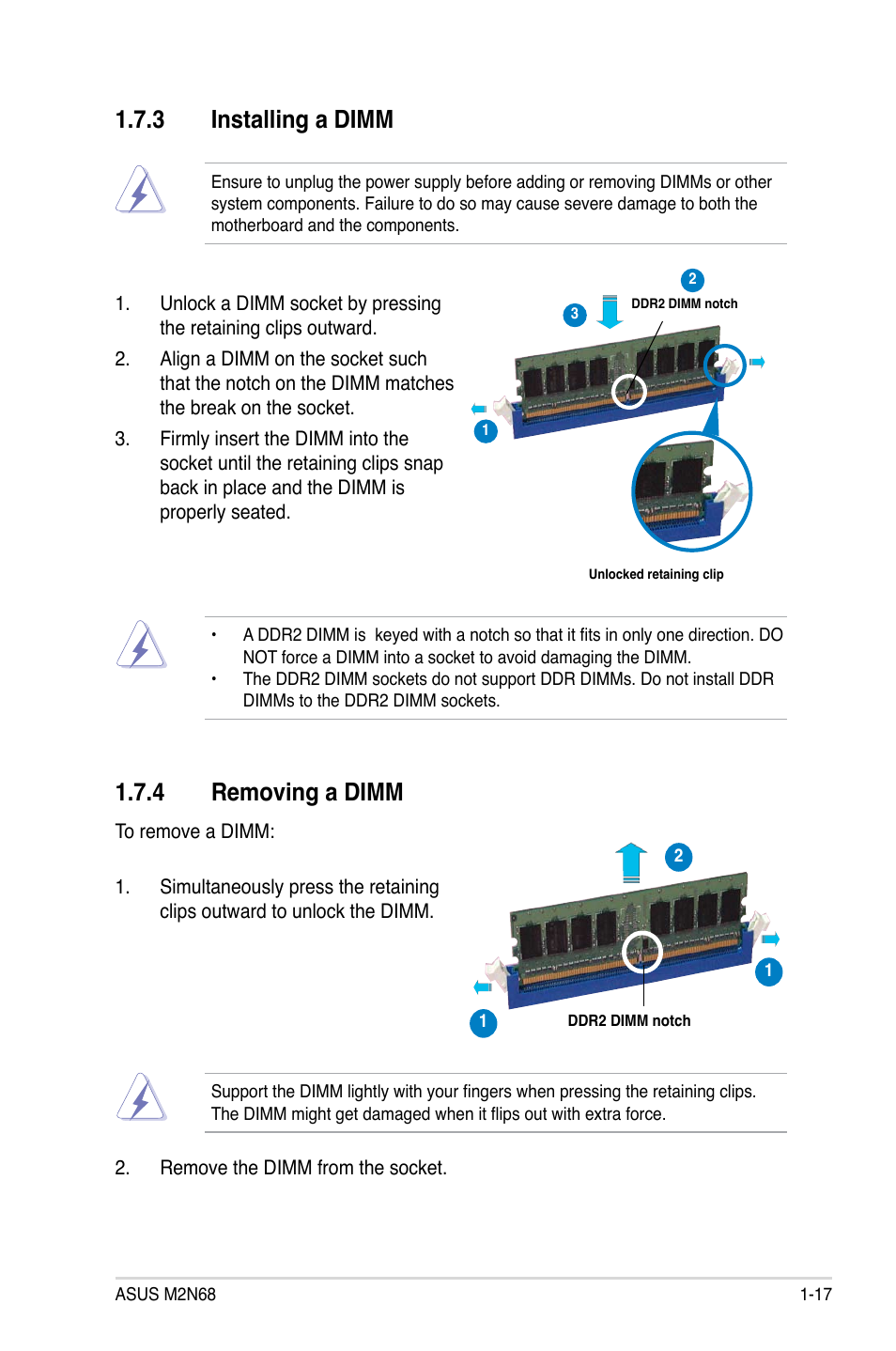 3 installing a dimm, 4 removing a dimm | Asus M2N68 User Manual | Page 29 / 104