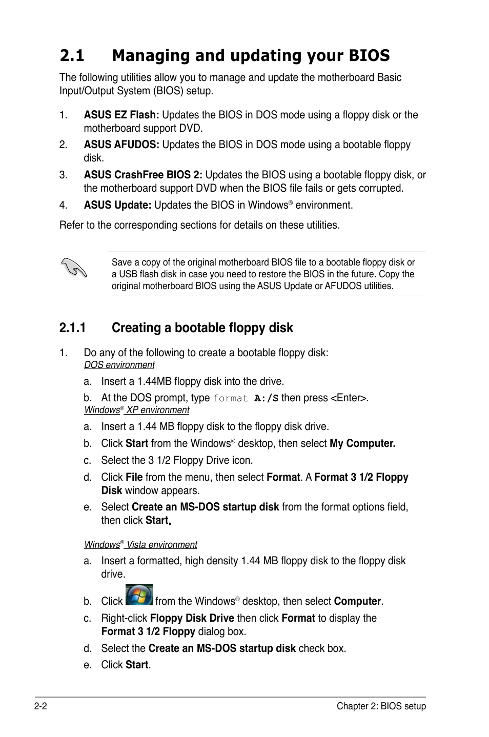 1 managing and updating your bios, 1 creating a bootable floppy disk | Asus M2N68 User Manual | Page 46 / 104